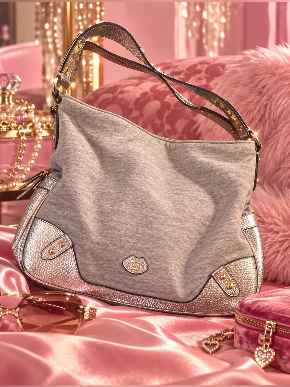 Juicy Couture Y2K Oversized Hobo Tote Bag Irridescent Metallic SIlver